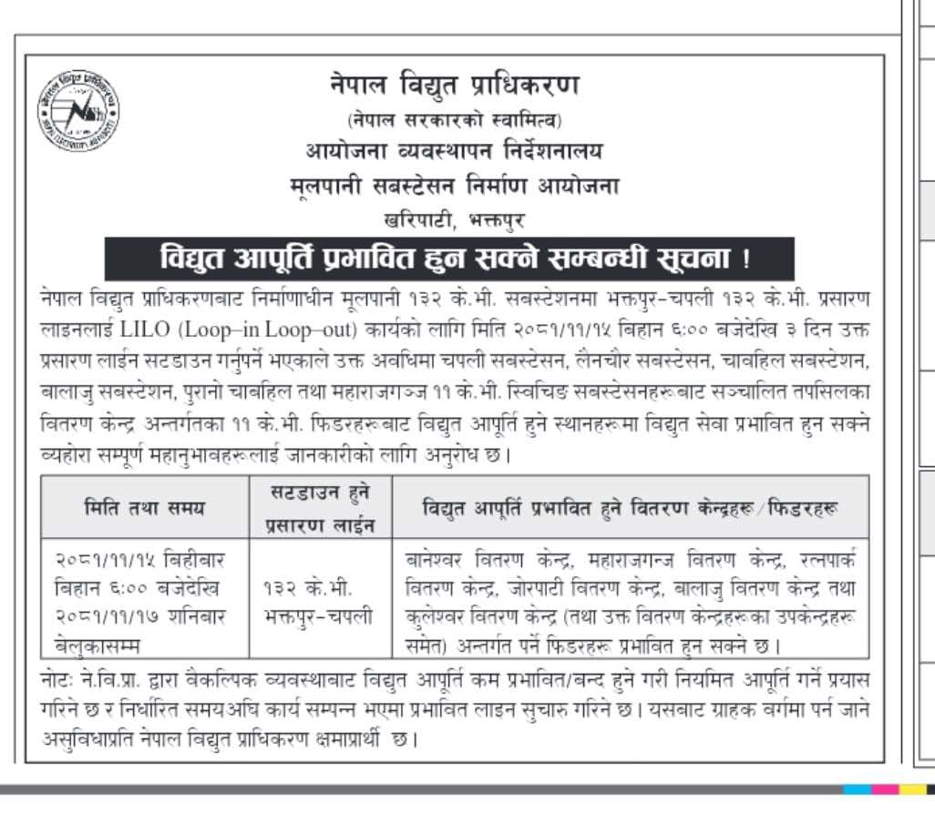 भोलिदेखि तीन दिनसम्म काठमाडौँका यी स्थानमा विद्युत् आपूर्ति प्रभावित हुने