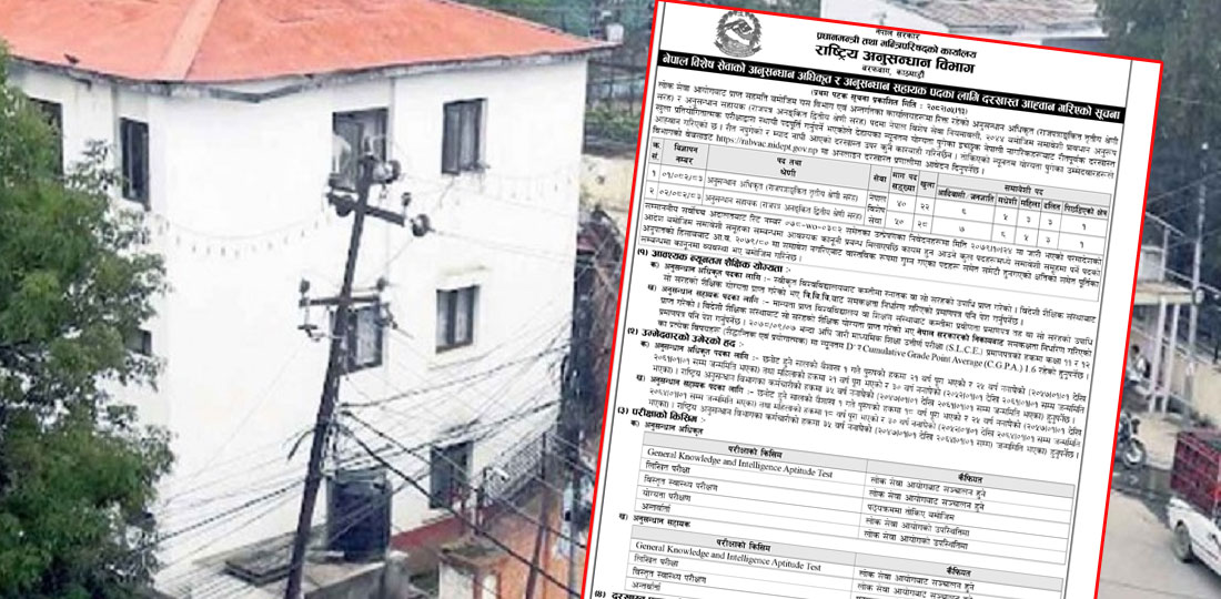   राष्ट्रिय अनुसन्धान विभागमा खुल्यो ९० जनाका लागि जागिर (सूचनासहित)