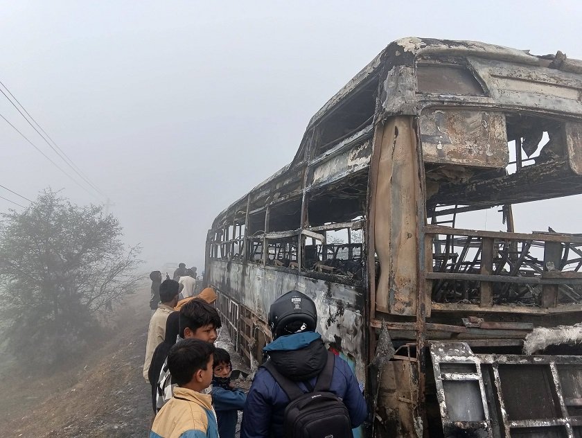 Bus Traveling from Kathmandu to Surkhet Catches Fire in Kapilvastu; All Passengers Safe
