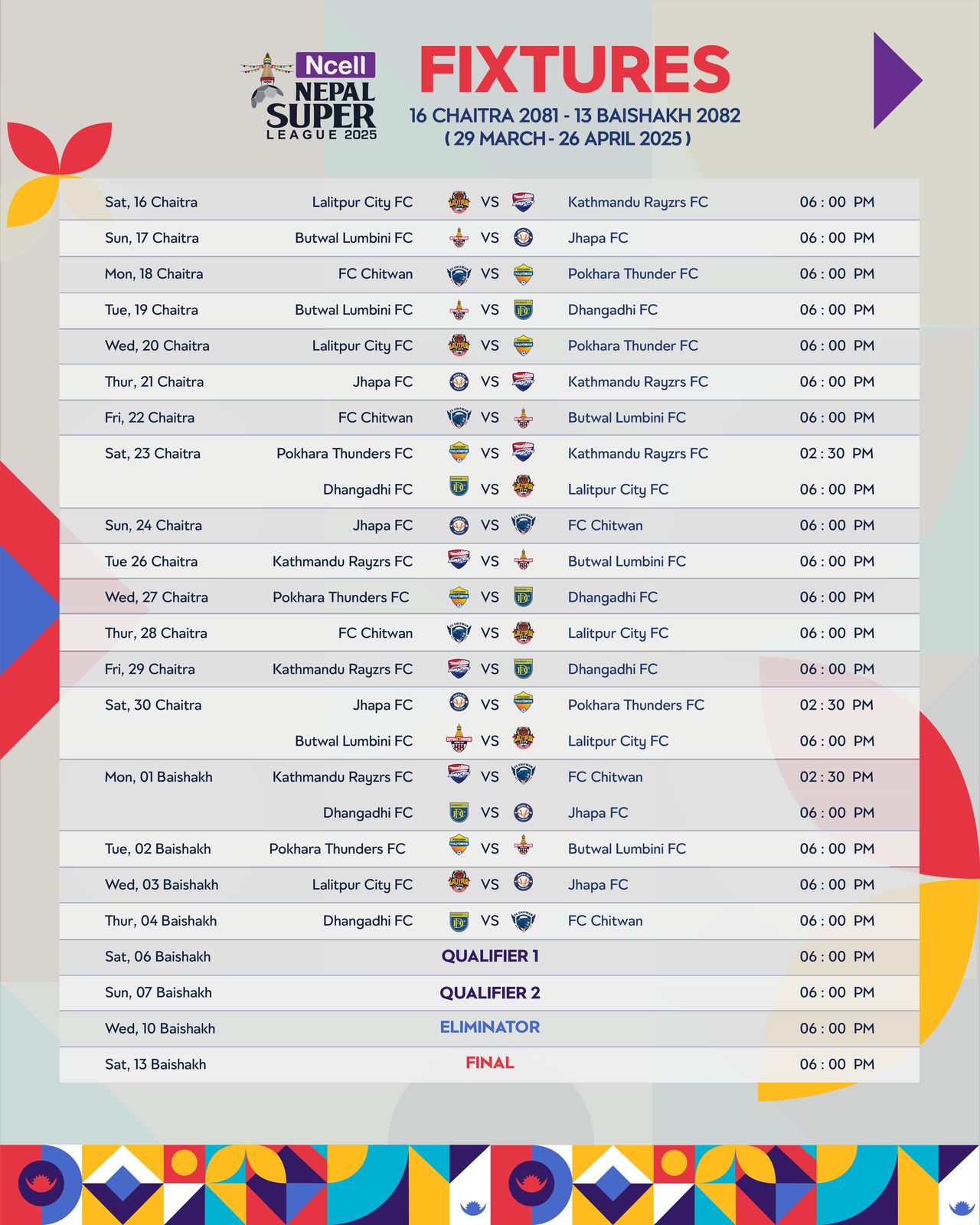 Fixture of Nepal Super League Season 3