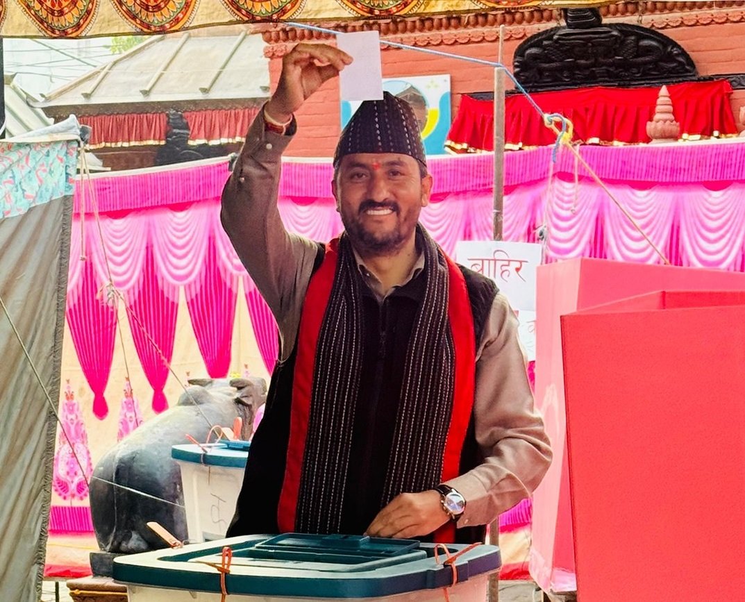 Rastriya Swatantra Party Candidate Jagdish Kharel Casts His Vote