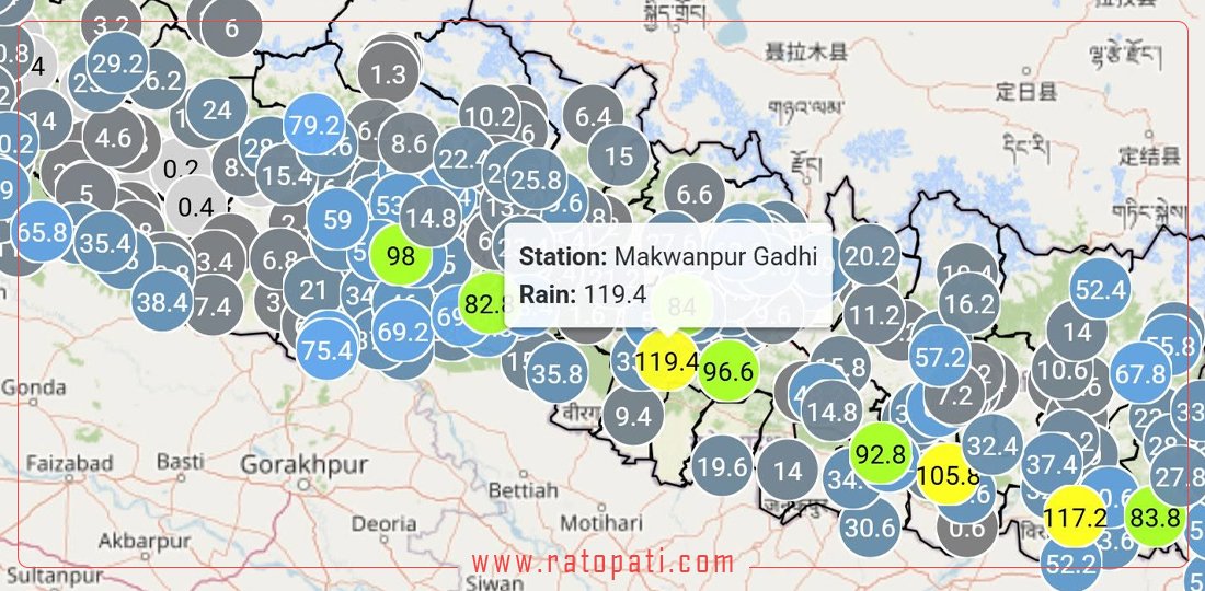 मकवानपुरमा २४ घण्टामा सबैभन्दा धेरै पानी पर्‍यो