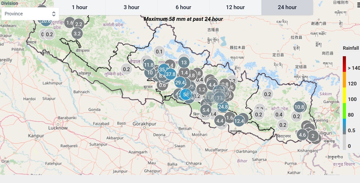मध्यराति काठमाडौं उपत्यकासहित आसपासका जिल्लामा हावाहुरीसहितको वर्षा