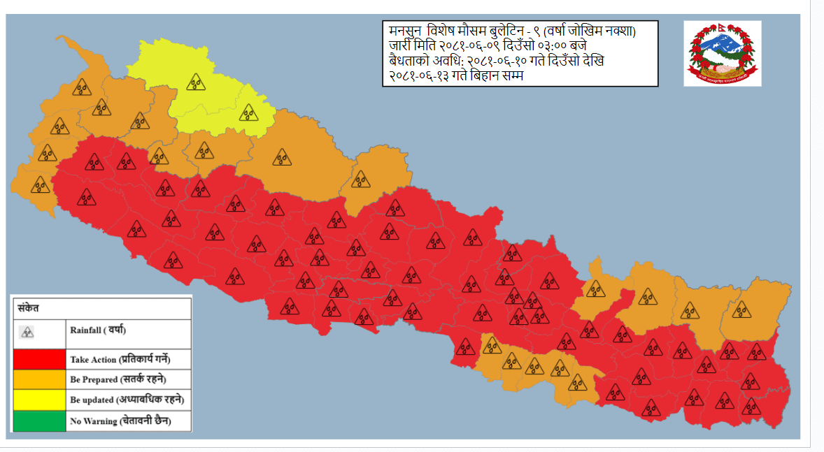 आजदेखि मौसम बदली : अत्यधिक वर्षा, चट्याङ र हावाहुरीको सम्भावना, ५६ जिल्ला 'रेड जोन'मा