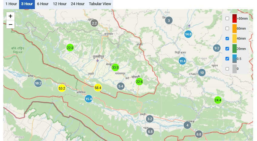   दाङ, बाँके र गुल्मीमा भारी वर्षा, सतर्कता अपनाउन अनुरोध