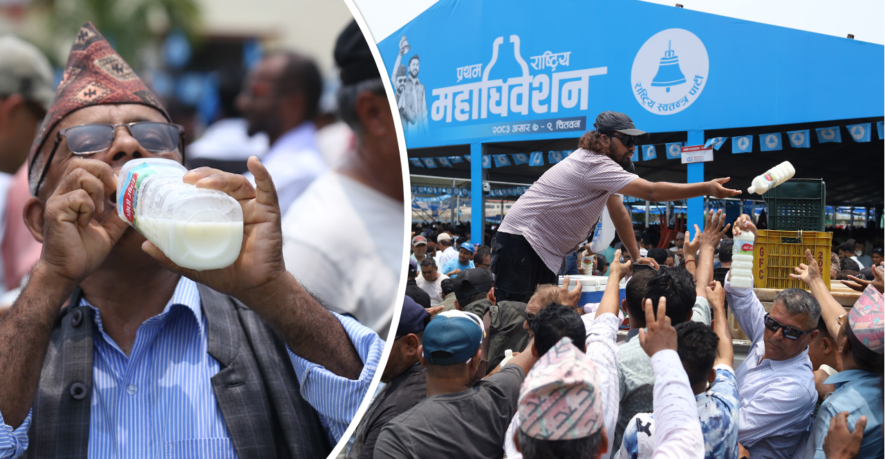 Rastriya Swatantra Party Convention Attendees Seek Relief from Heat with Buttermilk