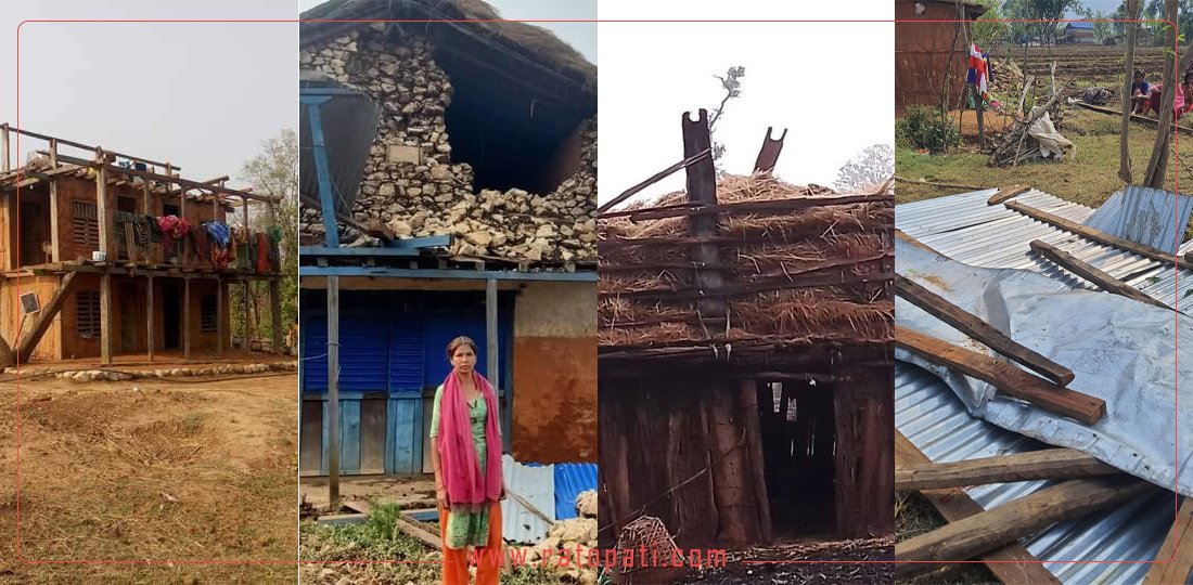 सुर्खेतमा हावाहुरीको वितण्डा : सयौँ घरमा क्षति, छैन सरकारको अनुभूति