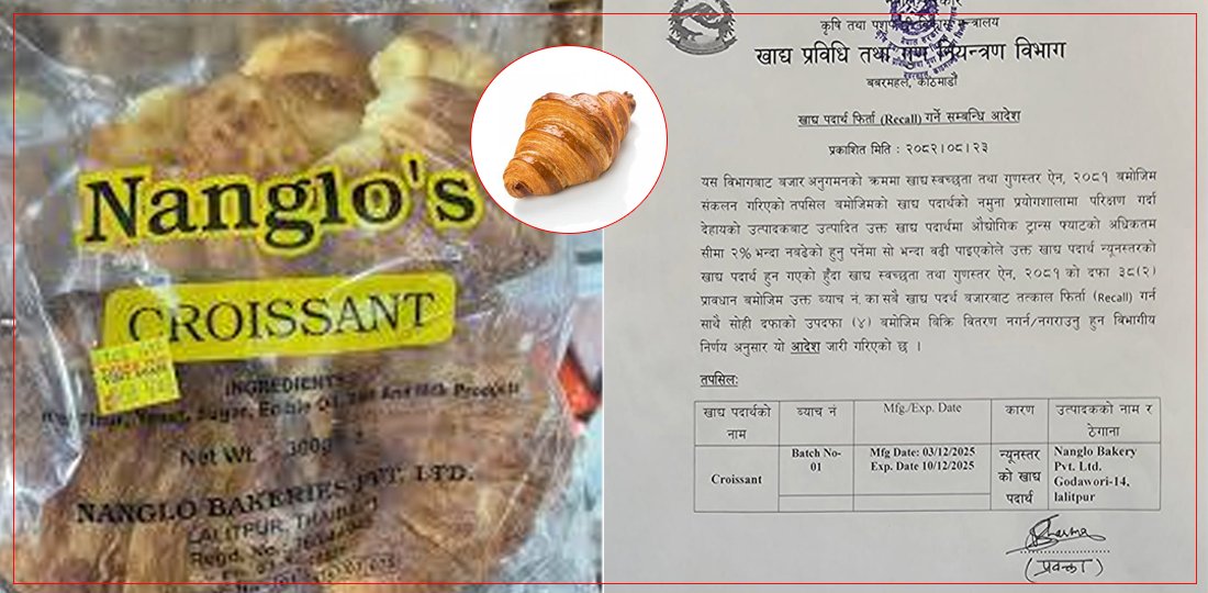नाङ्लो बेकरीको ‘क्रोइसन्ट’ मा अत्यधिक ट्रान्स फ्याट भेटिएपछि बजारबाट फिर्ता गर्न निर्देशन